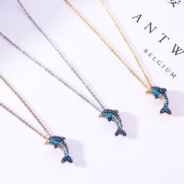 

wholesale fashion blue rhinestone dolphin pendant titanium necklace gold anti-allergy stainless steel statement necklace gift, Silver