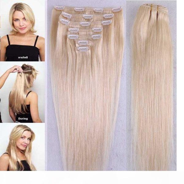 

7 pcs lot blonde 613# remy clip in human hair extensions straight hair weave 120g bundle no tangle no shed ing, Black
