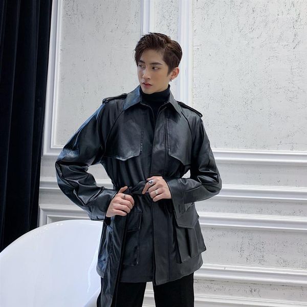 

men's fur & faux men cargo coat fashion black belt pu leather jacket male streetwear hip hop punk gothic motorcycle outerwear1