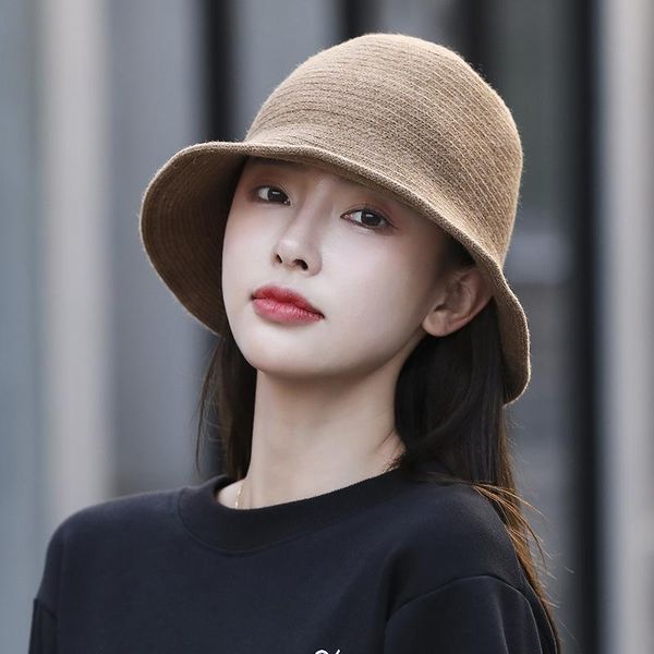 

wide brim hats fashion solid wool bucket hat for women winter warm knitted dome fisherman caps female panama outdoor, Blue;gray