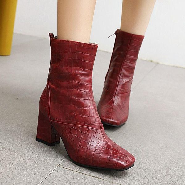 

British Style Women Autumn Boots Crocodile Square Toe Cowboy Girl Boots Autumn Shoes Woman Booties Bottine femme Bota Feminina, Black