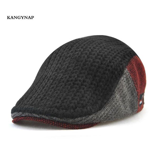 

kagynap] men fashion knitted hat in winter warm beret caps thick wool hat mens flat cap classic casual peaked caps dad hat, Black;white