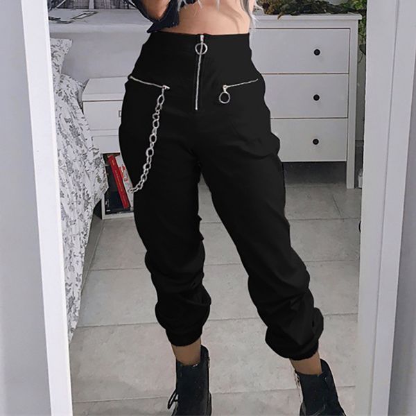 pantaloni harem casual da donna con cerniera streetwear gotico harajuku con catena pantaloni neri solidi moda hip hop pantaloni lunghi capris T200324