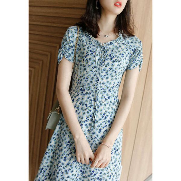 

return, style countryside change printed fresh no 2020 summer new floral chiffon dress, Black;gray