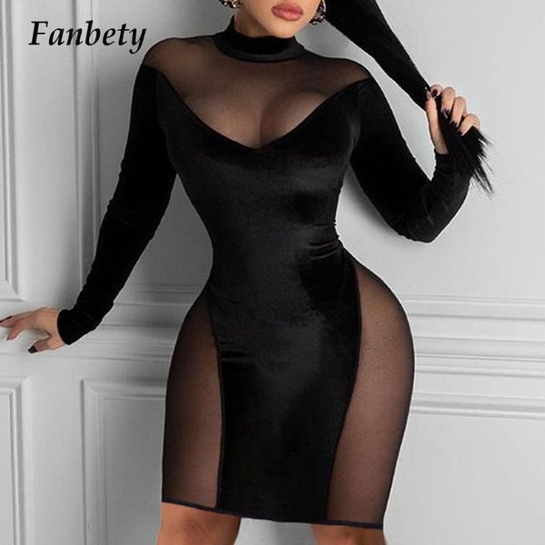 

casual dresses women elegan mesh see through party dress vintage velvet long sleeve patchwork split ladies bodycon vestidos, Black;gray