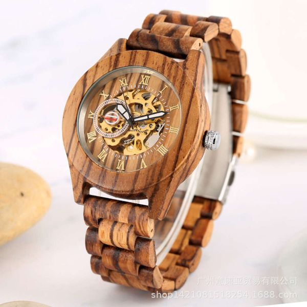 

wooden straight roman mechanical literal automatic watch men's fashion leisure watch, Slivery;brown