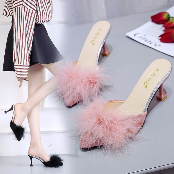 

maomao female slippers new fashion wild elegant female slippers pointed shallow temperament comfortable high-heeled slippers y1123, Black