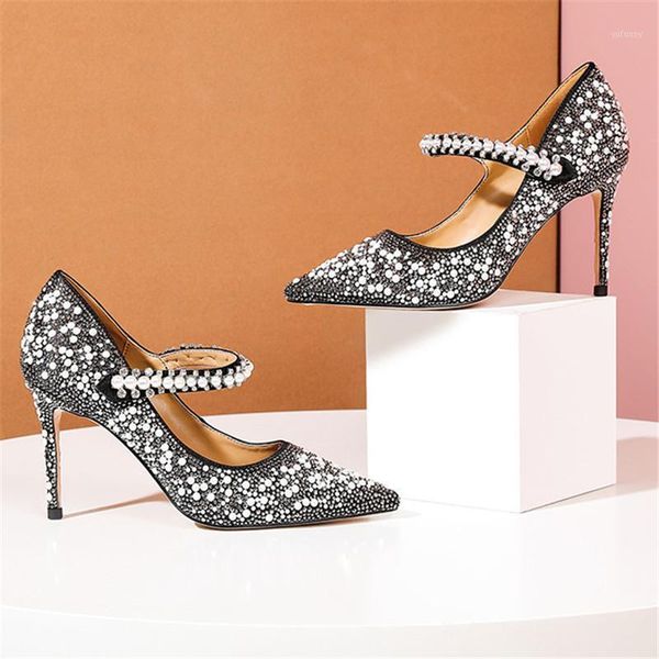 

dress shoes brand crystal wedding for women high heels pointed toe pearl pumps genuine leather quality1, Black