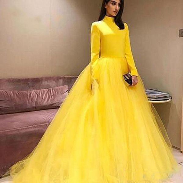 Modesto outono inverno amarelo longo vestidos de baile 2021 simples pescoço alto mangas compridas tule saia de comprimento total mulheres muçulmanas vestidos de noite formais