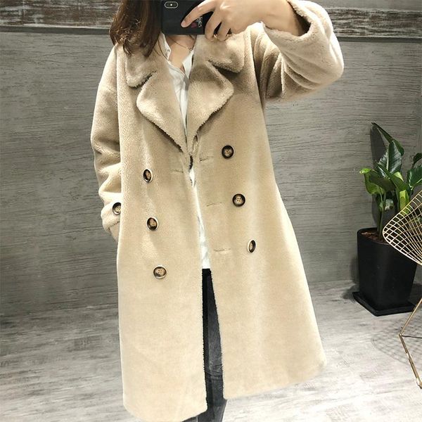 

women's fur & faux real coat sheep shearing winter women 2021 100% wool jacket korean double-breasted british style long clothes, Black