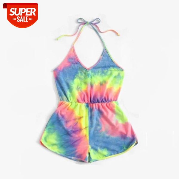 

tie dye print women playsuit casual summer gradient colored rompers wide leg shorts pants beachwear women tracksuit streetwear #eu4g, Black;white