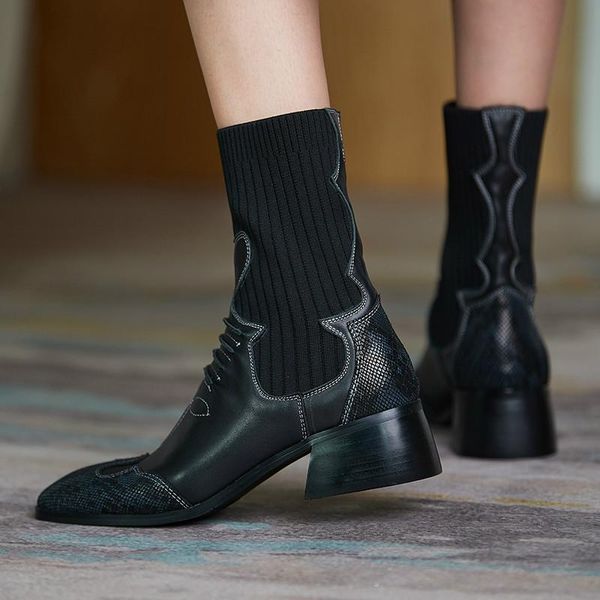 

boots women ankle genuine leather patchwork sock shoes woman high heel snake stretch elastic short for ladies 2021, Black