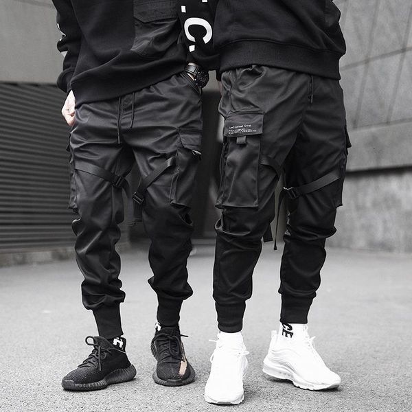 

men black pocket cargo pants ribbons block slim pencil pants harajuku fashion sweatpant street joggers hip hop trousers
