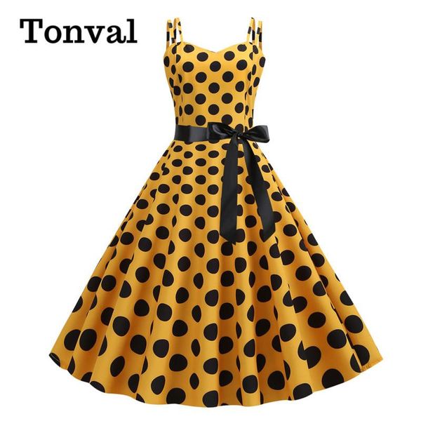 

casual dresses tonval pinup 50s vintage spaghetti strap polka dot summer dress with belt women fit and flare swing, Black;gray