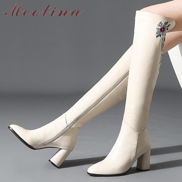 

boots meotina winter over the knee women natural genuine leather thick high heel long embroider flower zipper shoes ladies1, Black