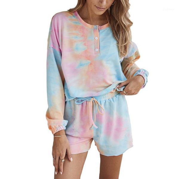 

gym clothing women loungewear pajamas sets chest button elastic cuff design casual tie-dye long sleeves jogger set outfits yoga tracksui, White;black