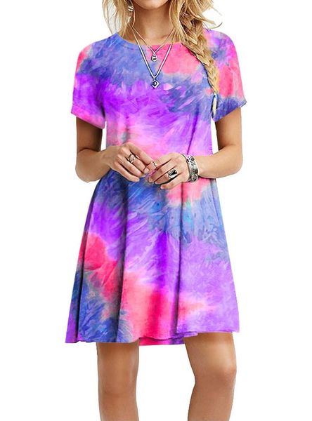 

casual dresses summer tie-dye print dress short sleeve women rainbow gradient color printing large size 2xl 3xl, Black;gray