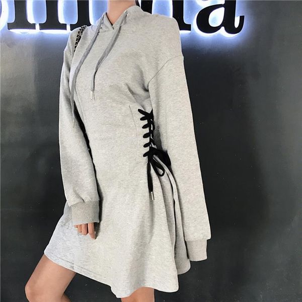 

2021 autumn tracksuit lace up adjustable tie bow waist slim hooded dress women fitness sweatshirt sport dress female elegant top, Black;gray