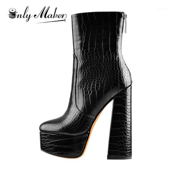 

onlymaker women's comfy platform chunky high heels ankle booties patent leather boots round toe stone pattern waisted short boot1, Black