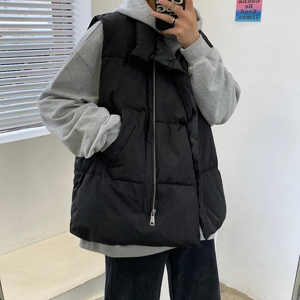 

retro sleeveless vest cotton autumn loose plus size parka vest pocket streetwear doudoune sans manche men clothing de50mbx, Black;white
