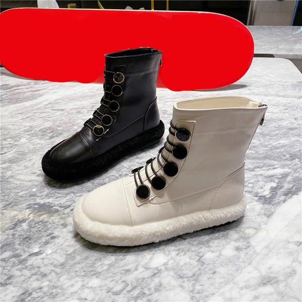 

boots deat 2021 winter fashion casual lambs wool lace up button plush snow cotton short thick sole white women shoes sg568, Black