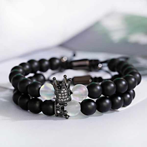 

beaded, strands 2pcs/set classic couple bracelet stone beads women masculina bileklik natural moonstone lovers, Black