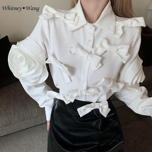 

whitney wang blouses 2020 autumn winter fashion designer style bows 3d florals blouse women blusas lady shirt top, White