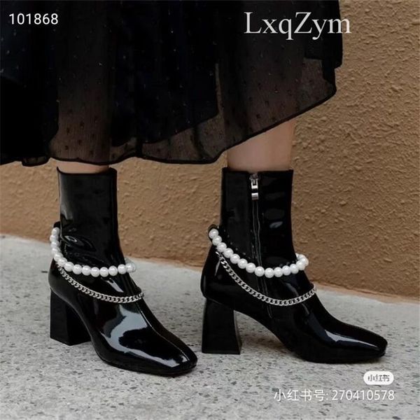 

boots 2021 autumn women short black patent leather winter botas square toe high heels botines femmes pearl chains bottes