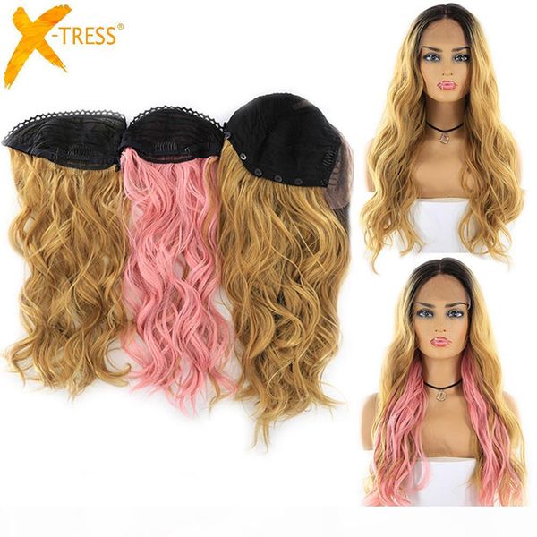 

blonde pink ombre color synthetic hair lace wigs for women x-tress natural wave lace front wig part 3 pieces hair style, Black