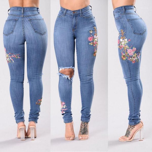Женские джинсы оптом - стильная женская одежда дамы высокая талия дыра тонкий тонкий цветочный печать кнопка растягивающая карандаш джинсовые брюки один Pies1