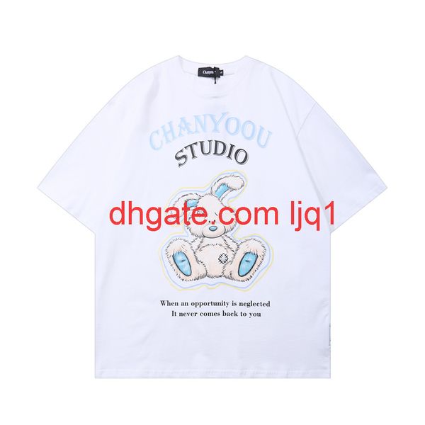 

cartoon rabbit print short sleeve t-shirt men's fashion brand round neck harajuku street trend loose t-shirt, White;black
