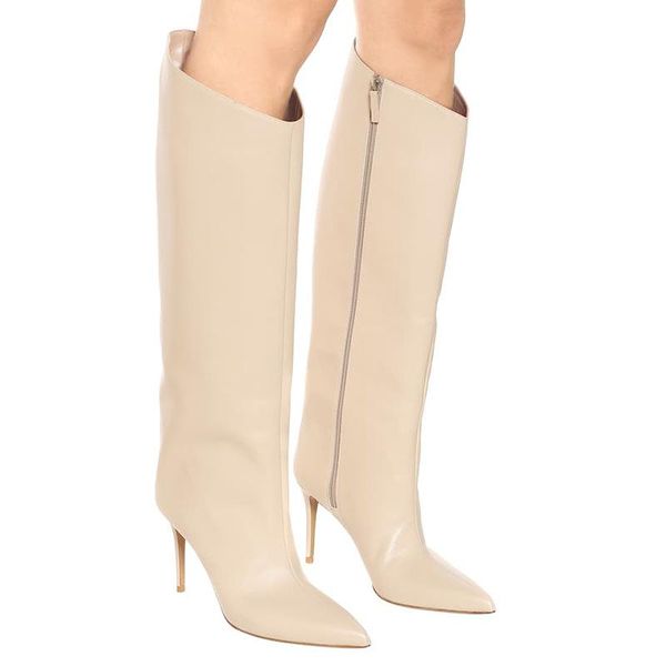 

boots brand shoes woman pointed toe high heel side zipper knee winter fashion pure white long boot thin heels botas, Black