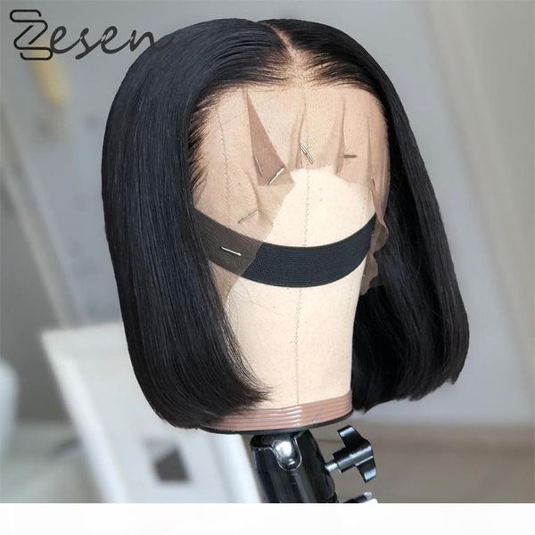 

zesen 8 inch short black lace front wig straight synthetic hair wig for black women high temperature fiber with baby hair