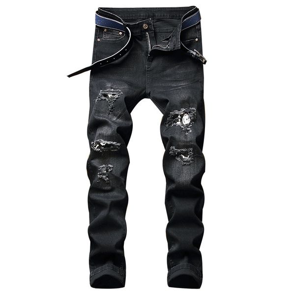 

denim ripped hole bike straight jeans large men 38 40 42 2020 autumn hip hop punk rock streetwear trouers, Blue
