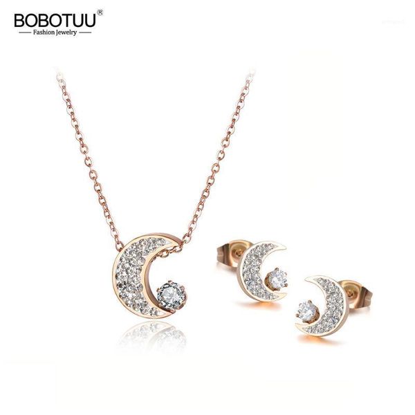

earrings & necklace bobotuu fashion cubic zirconia moon choker necklaces sets for women rhinestone stainless steel female jewelry bse0131, Silver