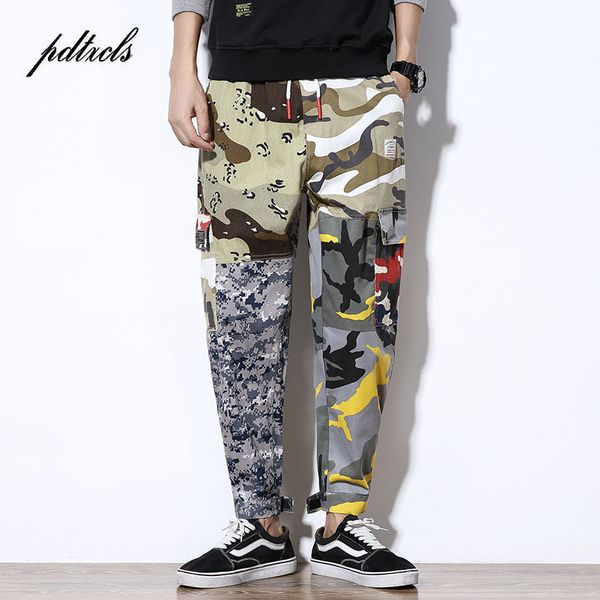 

high street kleur blok patchwork mode camouflage jogger broek mannen hip hop casual elastische taille harembroek streetwear, Black