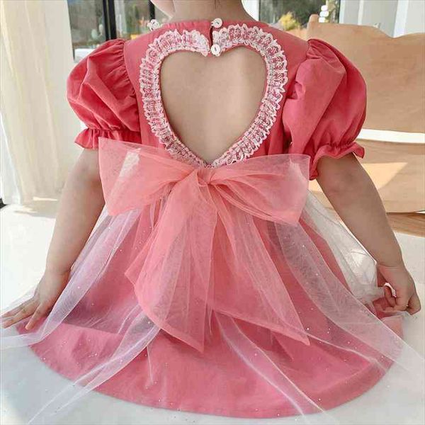 

kids baby girls summer half sleeve bow mesh backless mid-calf tutu dresses toddler children party clothes 6m-6y, Red;yellow
