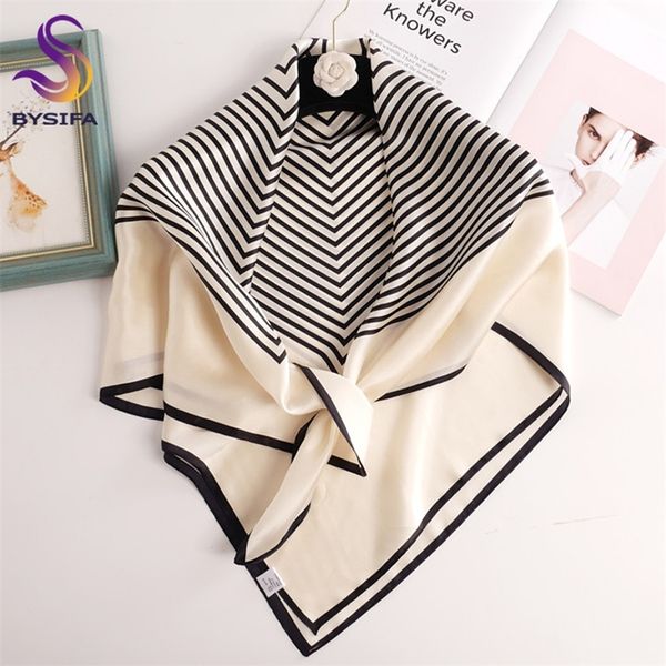 

bysifa] women black white striped scarves fashion new brand luxury 100% silk scarf punched 90*90cm large square head scarves y201007, Blue;gray