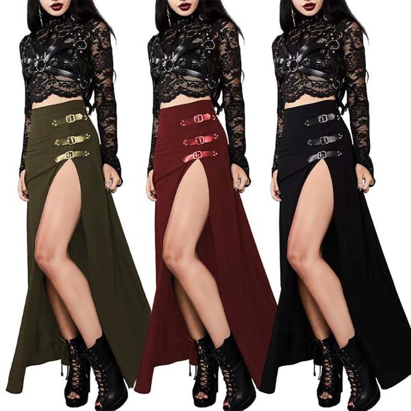 

gothic women solid color long side slit high waist ankle length skirt streetwear, Black