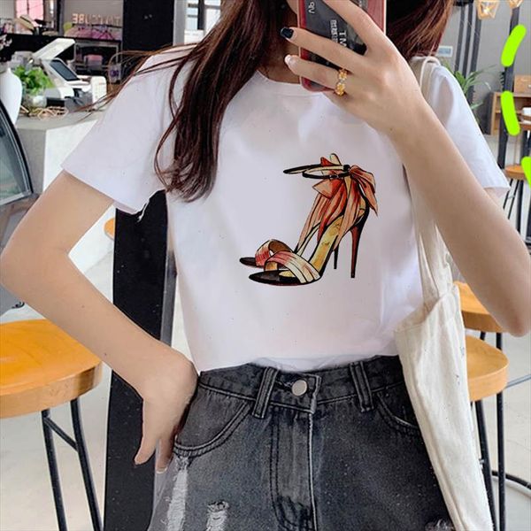 

high heels print fashion style t shirt vogue watercolort shirt female tees korean clothes camiseta mujer, White