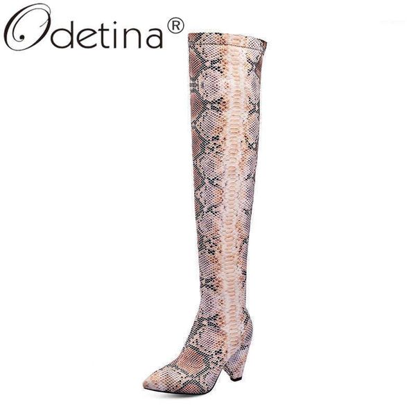 

odetina women fashion winter snake printing slip on knee high boots ladies pointed toe block high heel sewing long boots1, Black