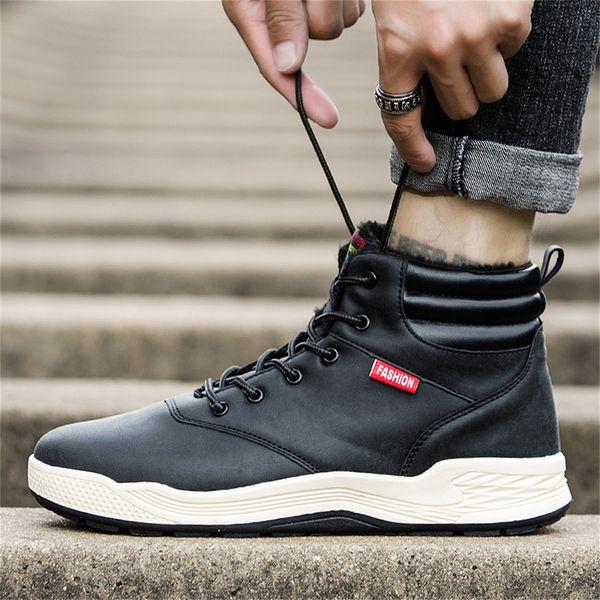 

winter with fur men's shoes pu outdoor sneakers lace up fashion men ankle snow boots plush casual footwear plus size 47 201128, Black