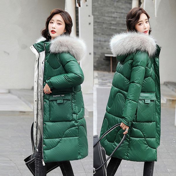 

2021 new swallow down warm winter leather collar with wind-proof hood cotton parker jacket plus size, Black