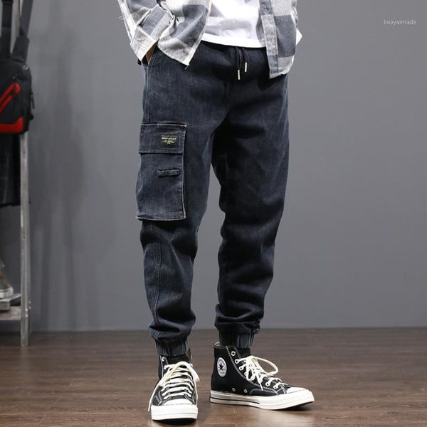

men's jeans japanese style fashion men loose fit big pocket denim cargo pants black color vintage designer hip hop joggers1, Blue