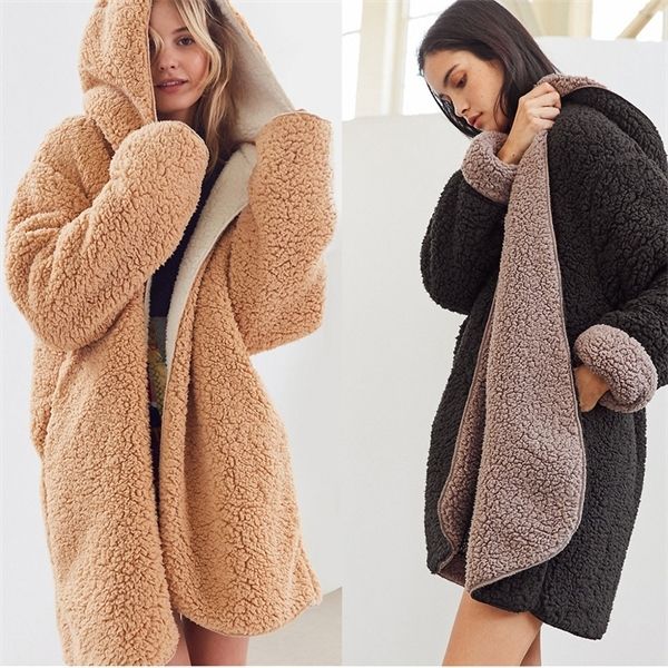 

fur thick long solid oversize lambswool female winter coats warm teddy jackets overcoats women faux fur y1120, Black