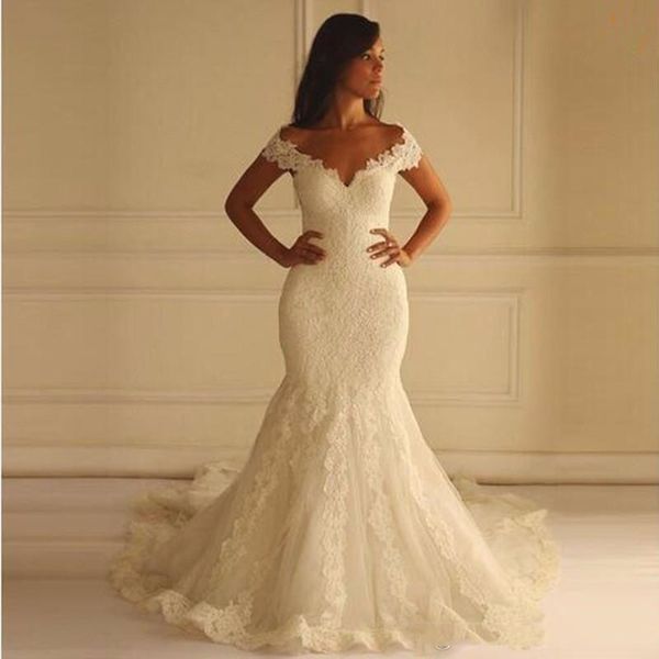 

vintage full lace 2021 mermaid wedding dresses ivory off the shoulders lady vestidos de novia lace appliqued bridal gowns plus size, White