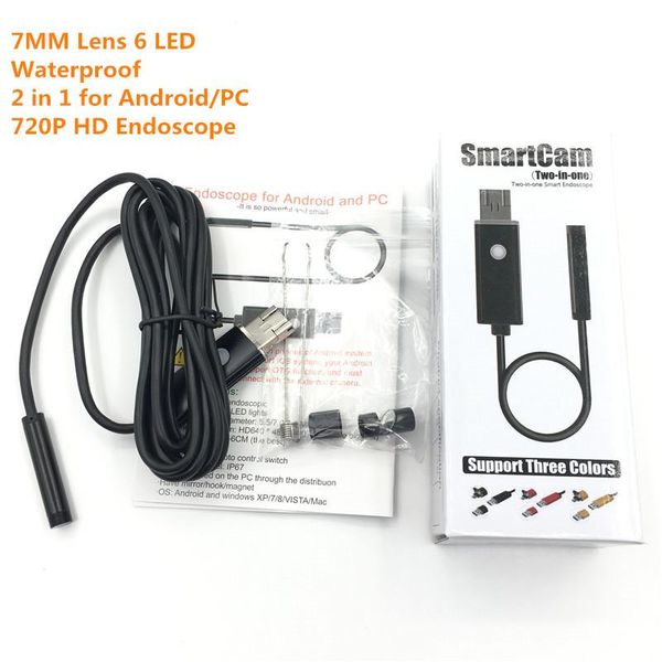

mini cameras 1m 2m 7mm lens 2 in 1 android/pc 720p hd endoscope tube waterproof snake borescope usb inspection camera with 6 led
