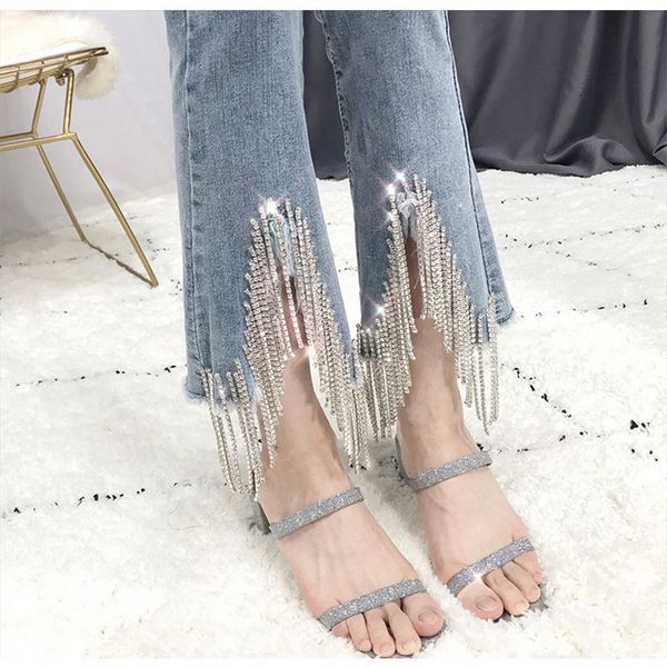 

2020 new thin female high waist button denies ankle-length party pants, Blue