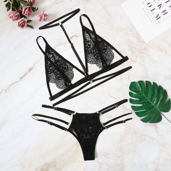 

women's lace-up lace suit three-point hollow underwear transparent women mesh bra set seethrough bra c1211, Black;white