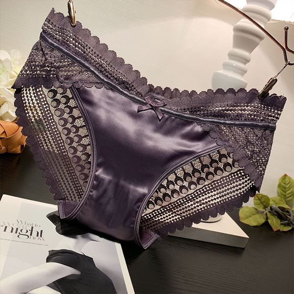 

light luxury lace underwear women's middle waist comfortable hip smooth satin fabric briefs, Black;pink